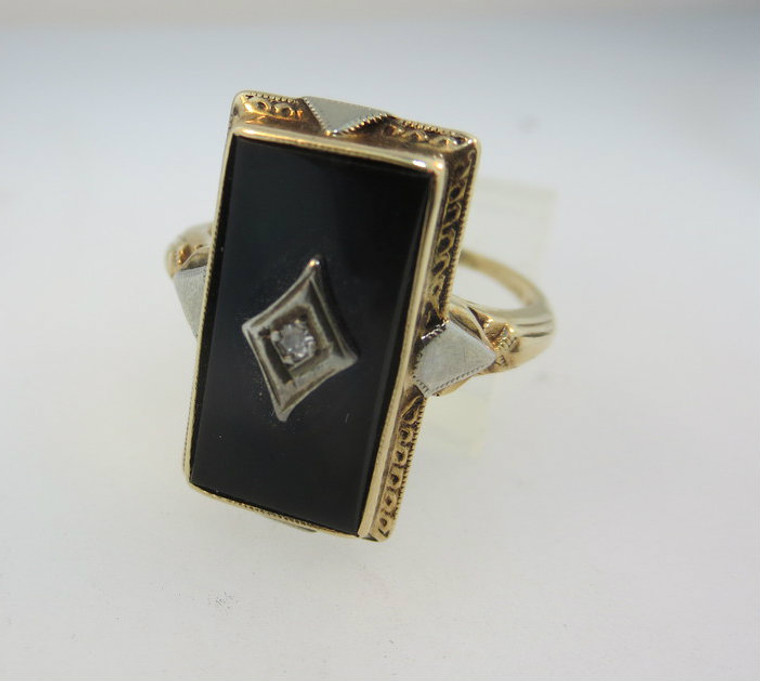 10k Yellow Gold Black Onyx Ring with White Gold Accents, Single Cut Diamond in C