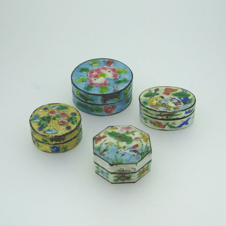 Lot of 4 Vintage Silver Tone Cloisonne Enameled Pill Boxes Nature Theme China