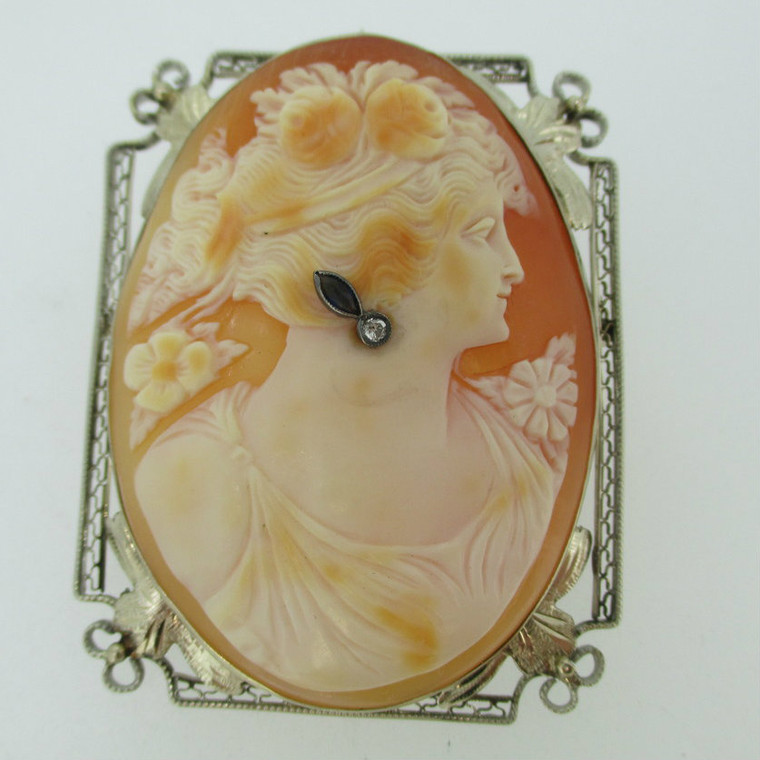 Victorian 14k White Gold Conch Shell Cameo with Filigree Detailing Brooch Pin Pendant 