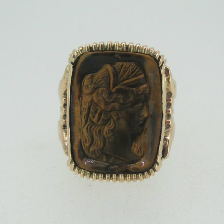 10k Yellow Gold 1800s Carved Tiger Eye Ring Size 7 1/4
