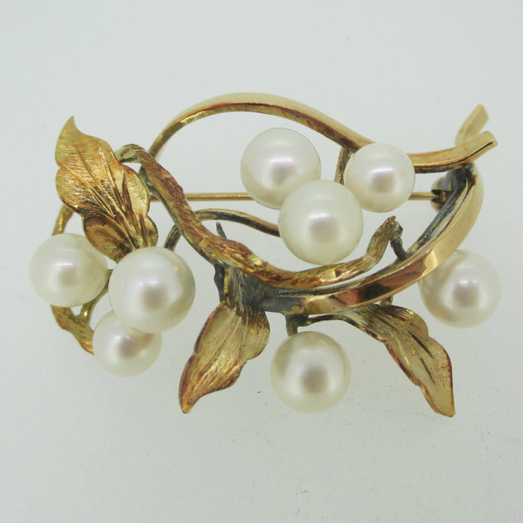 Vintage 14k Yellow Gold Pearl Leaf Brooch Pin