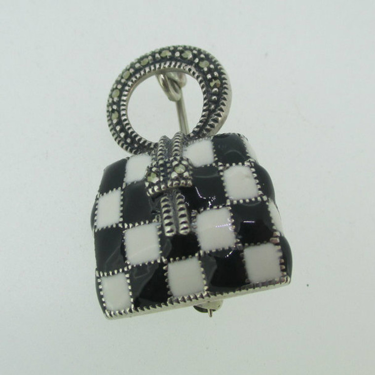 Sterling Silver Marcasite Black and White Enamel Handbag Pin Brooch 