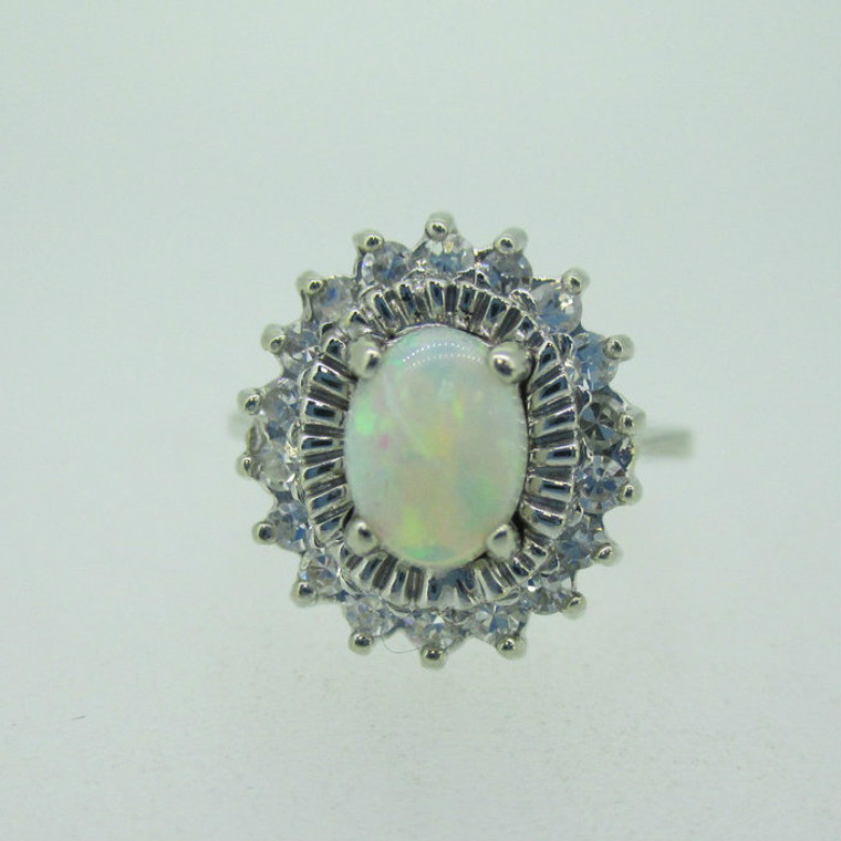 14k White Gold Opal Ring with Approx .20ct TW Single Cut Diamond Halo Ring Size 5 1/2