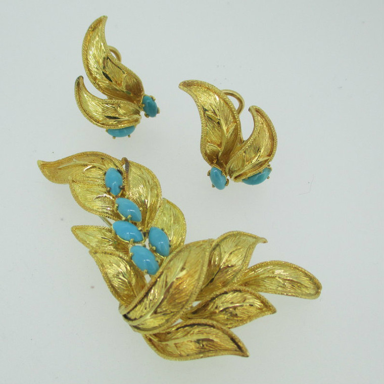 18k Yellow Gold Leaf Brooch Pin and Earring Set with Sleeping Beauty Turquoise 