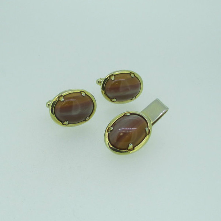 Gold Tone Round Stone Cuff Links and Tie Bar