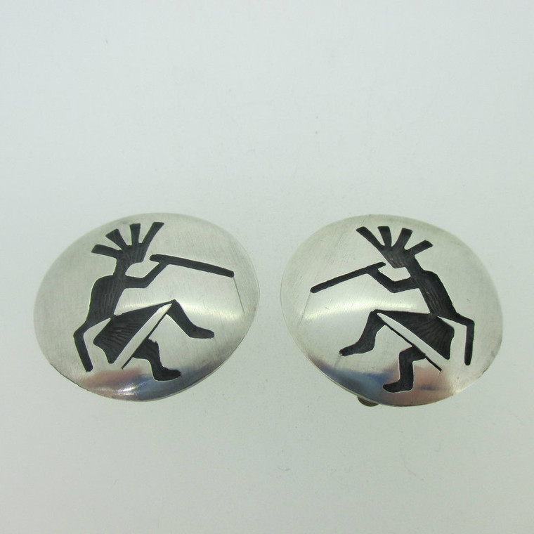 Sterling Silver Circle Kokopelli Flute Player Clip On Earrings 