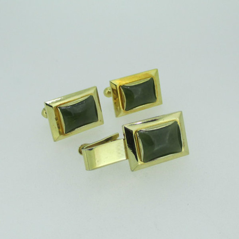 Gold Tone Created Jade Rectangle Cuff Links and Tie Bar