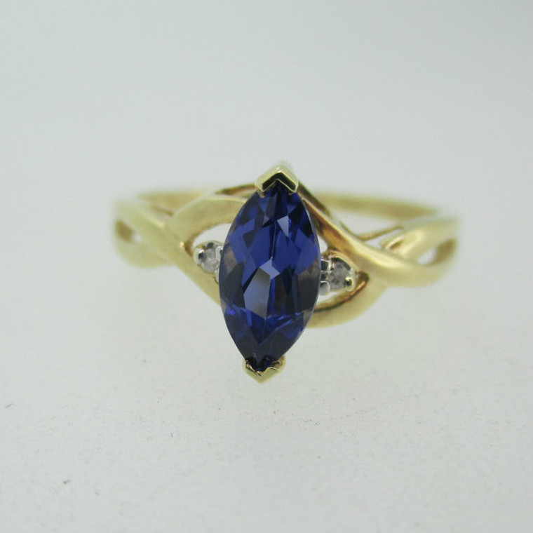 10k Yellow Gold Created Sapphire with Diamond Accented Ring Size 6 1/2 