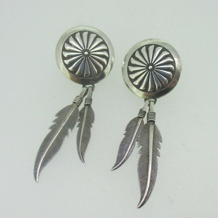 Sterling Silver Dangle Feather Southwest Dream Catcher Earrings 