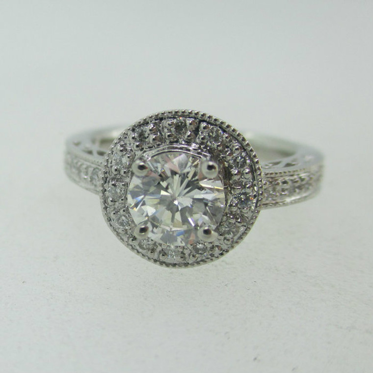 Platinum .85ct Round Brilliant Cut Diamond Ring with Diamond Halo Size 6 1/2 