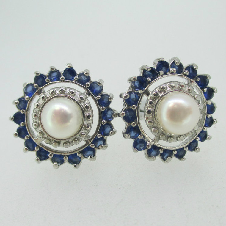 Silver Tone Blue Rhinestone Encircled Cultured Pearl Cufflinks