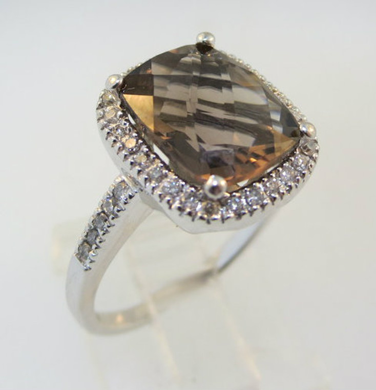 Beautiful 14k White Gold Checker Board Cut Smoky Quartz Ring Halo Style Diamond Accents. Size 7