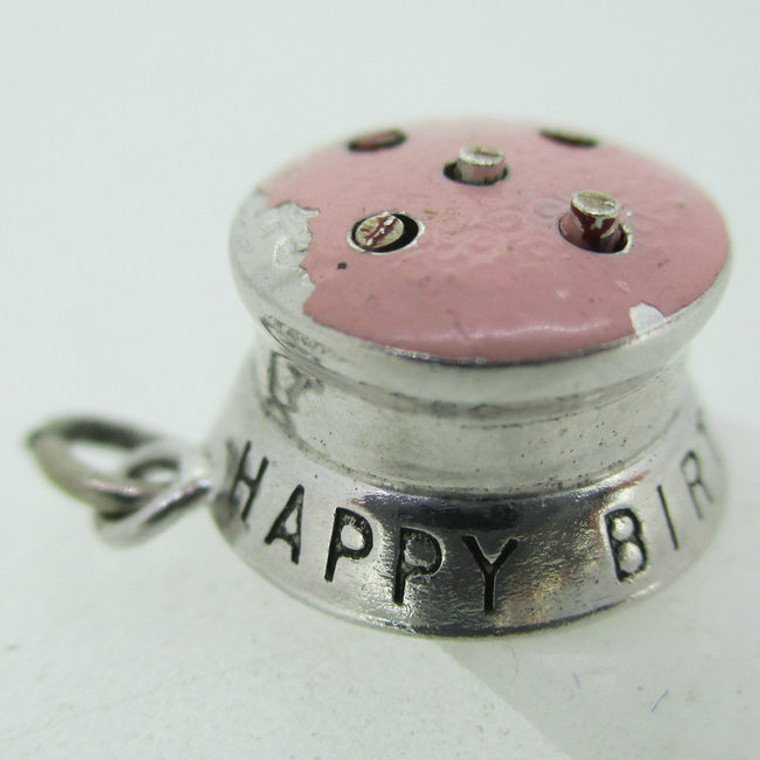 Sterling Silver Movable Happy Birthday Candle Cake Pendant Charm