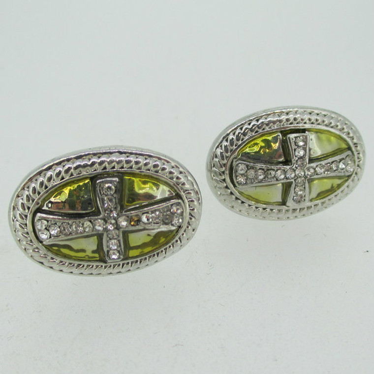 Silver Tone Rhinestone Cross with Yellow Enamel Glaze with Roped Edging Cufflinks