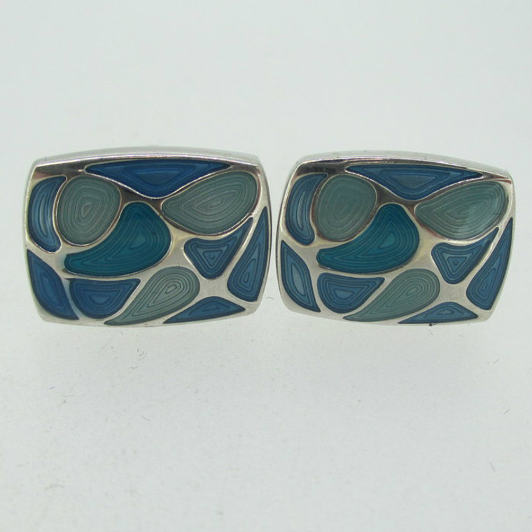 Silver Tone Blue Enamel Swirl Stone Design Inlay Cufflinks