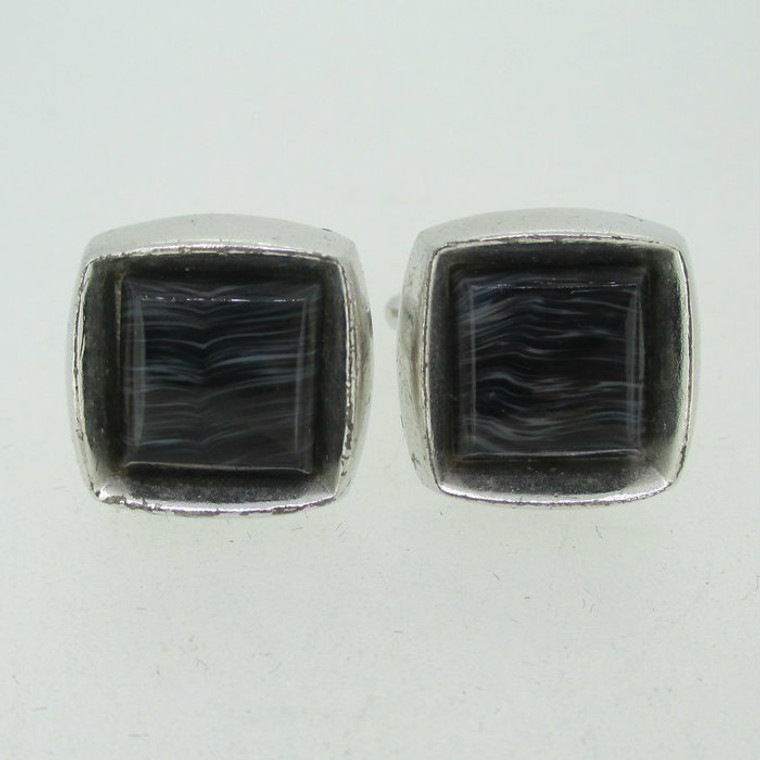 Silver Tone Hickok Black Swirl Stone Inlay in Shadow Box Cufflinks