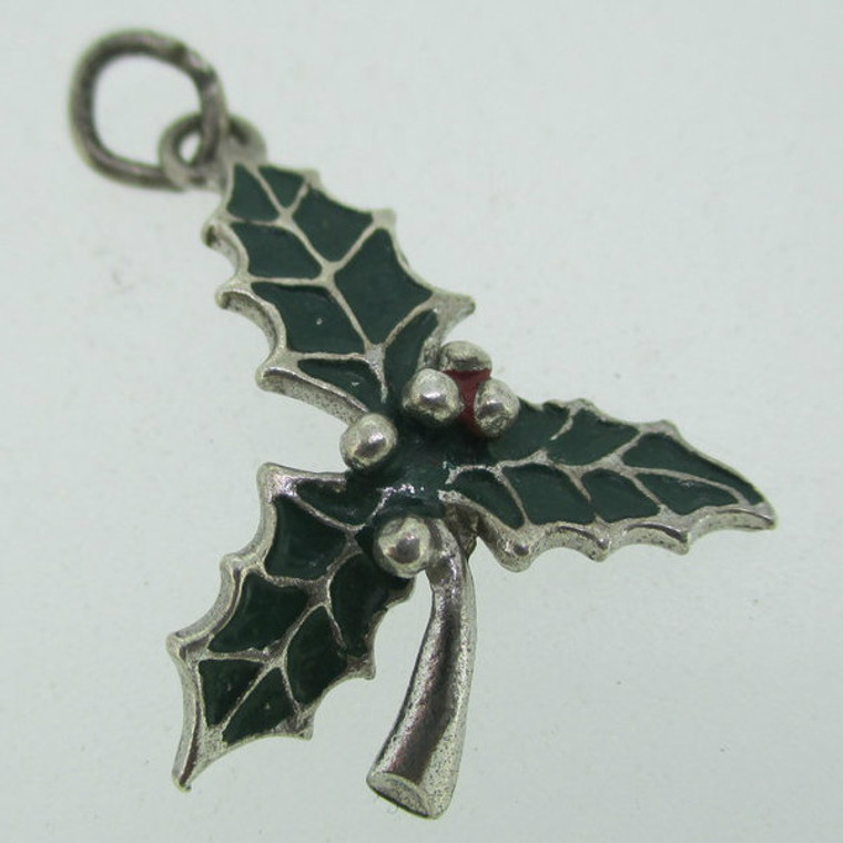 Vintage Sterling Silver and Enamel Holiday Holly Charm Pendant