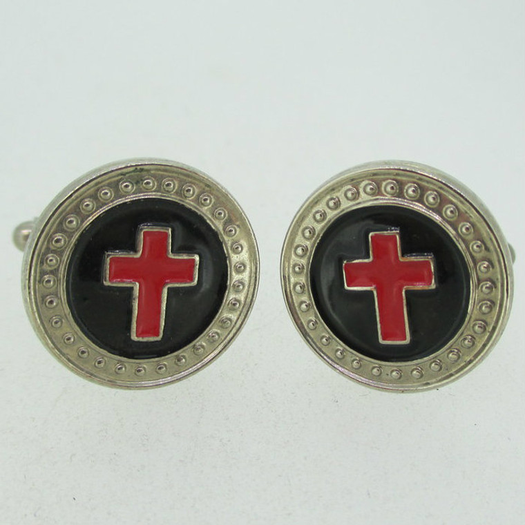 Silver Tone Red Cross Black Background Cufflinks