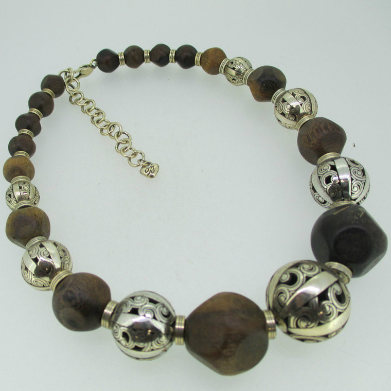 Brighton Wooden and Silver Tone Graduating Bead Necklace
