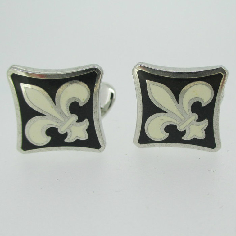 Sterling Silver Black and White Enamel Fluer Di Lis Inlay Cufflinks