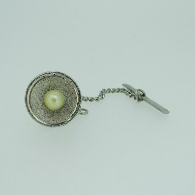 Foster Sterling Silver and Pearl Round Textured Tie Tack Pin