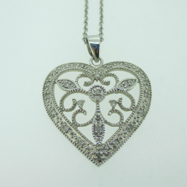 Sterling Silver Filigree Heart Diamond Pendant Necklace