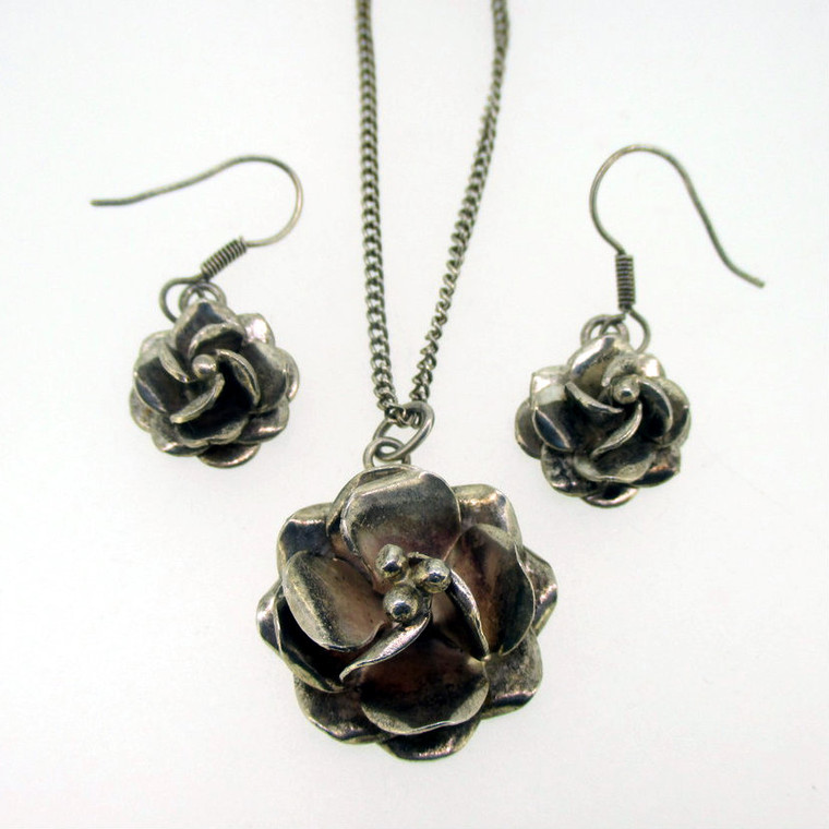 Sterling Silver Taxco Flower 3D Necklace Earring Set
