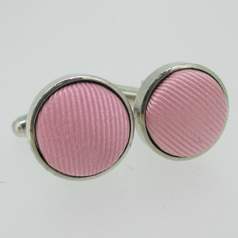 Silver Tone Round Pink Fabric Cufflinks