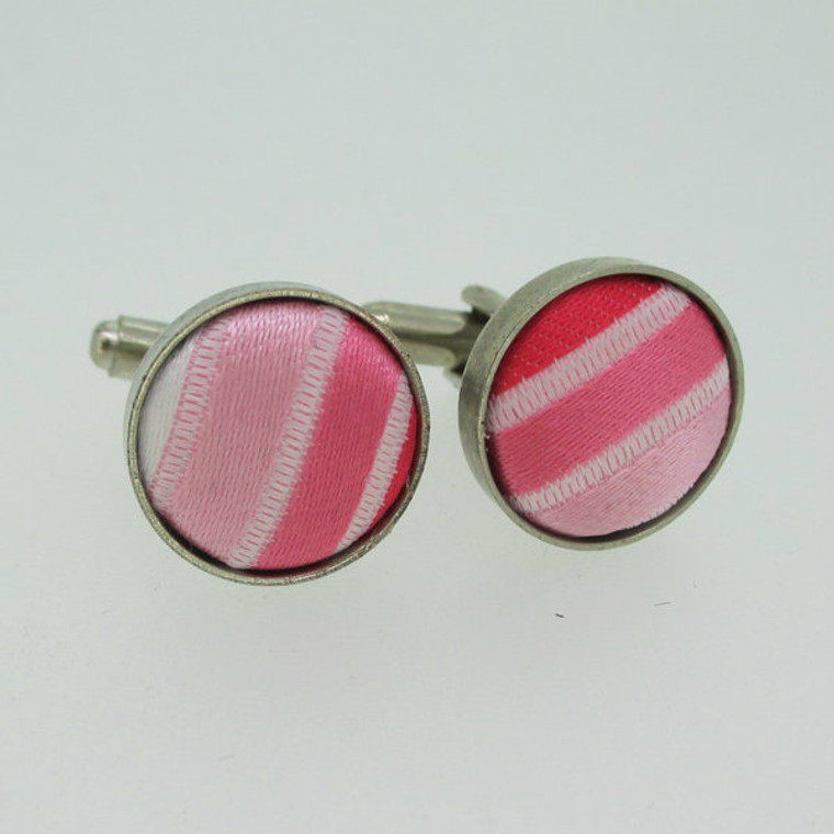 Silver Tone Round Shades of Pink Striped Fabric Cufflinks