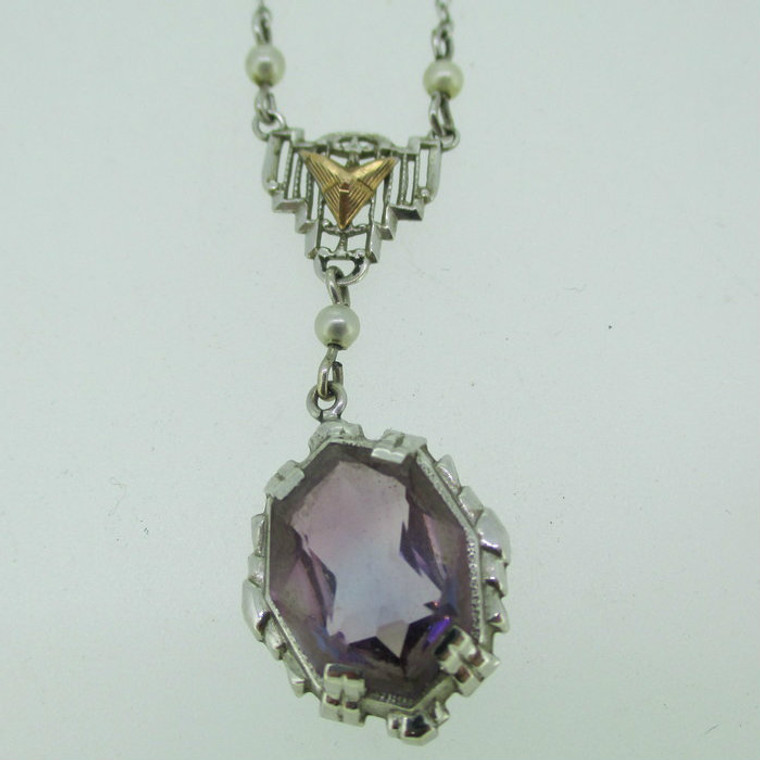 Vintage 10k White Gold Filigree Yellow Gold Accent Necklace Pendant with Purple Stone