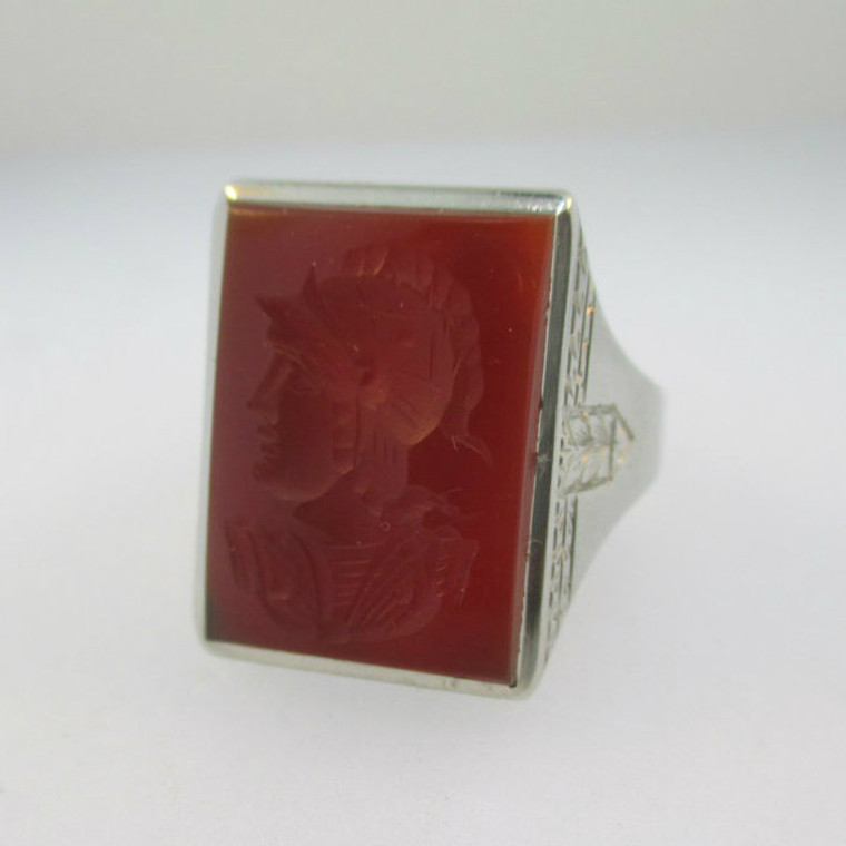 10k White Gold Ring Carnelian Intaglio with Filigree Accent Size 10