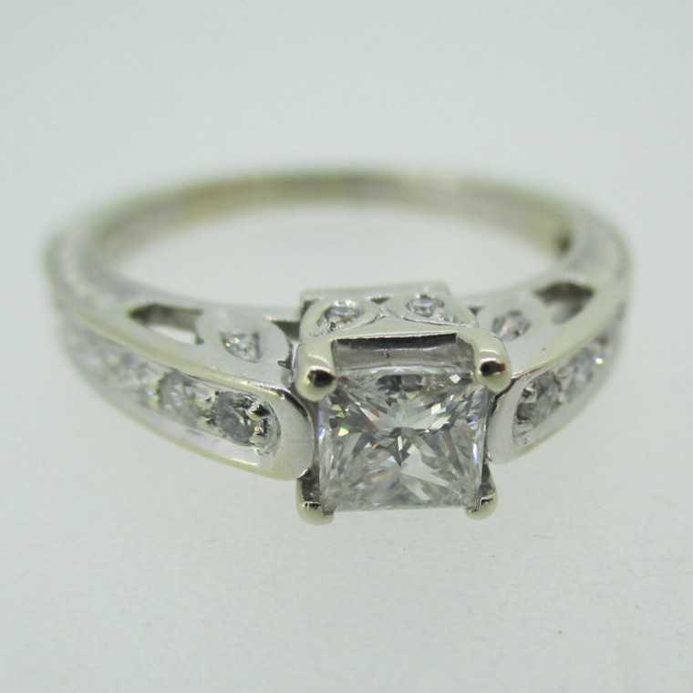 14k White Gold Approx .50ct Princess Cut Diamond Ring with Diamond Accents Size 5 1/2