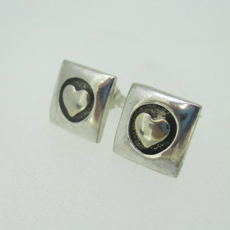 Sterling Silver Square Heart Two Tone Earrings 