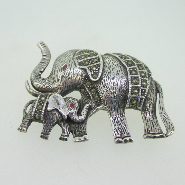 Sterling Silver Mom Baby Elephant Marcasite Pin Brooch