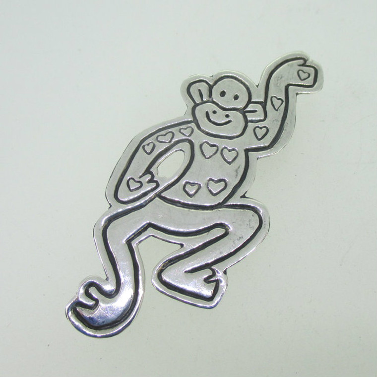 Sterling Silver Monkey with Hearts Pin Brooch Mexico