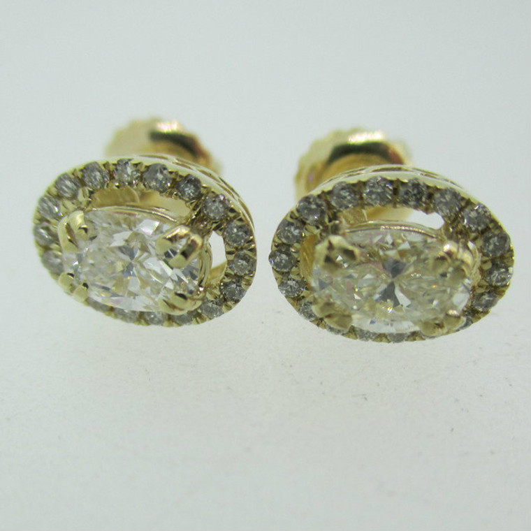 14k Yellow Gold .91ct TW Oval Cut Diamond Stud Earrings with Diamond Halo Accents Screw Backs