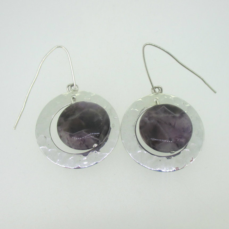 Sterling Silver Purple Amethyst Circle Hammered Design Dangle Earrings 
