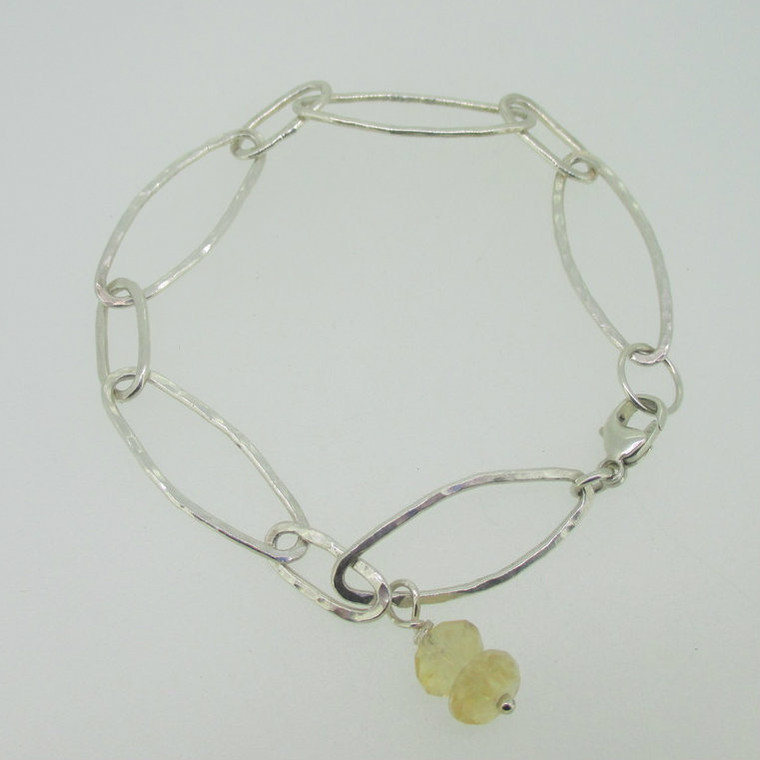 Sterling Silver Hammered Link Quartz Beads Bracelet 7.75"