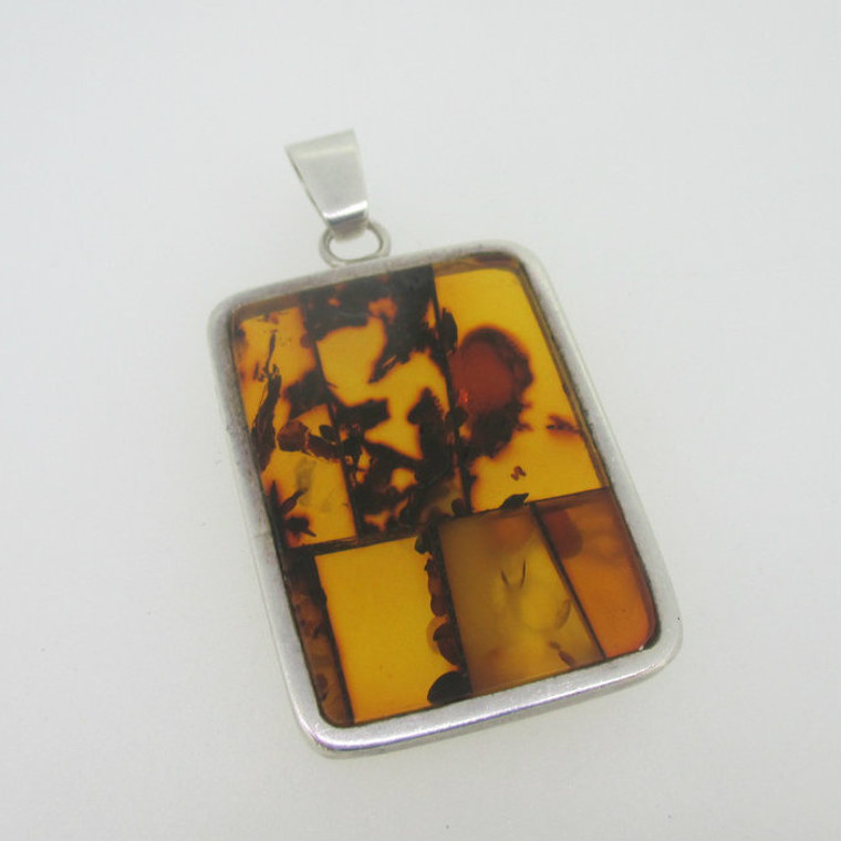 Sterling Silver Orange Amber Mosaic Rectangle Pendant 