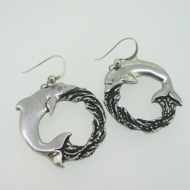 Sterling Silver Large Dolphin Circle Dangle Earrings 