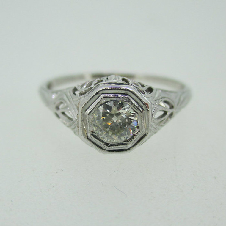 Vintage 14k Belais .22ct Round Brilliant Cut Diamond Ring with Filigree Accents Size 6 3/4