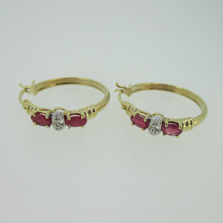 10K Yellow Gold Ruby Hoop Earrings with Diamond Chip Accents