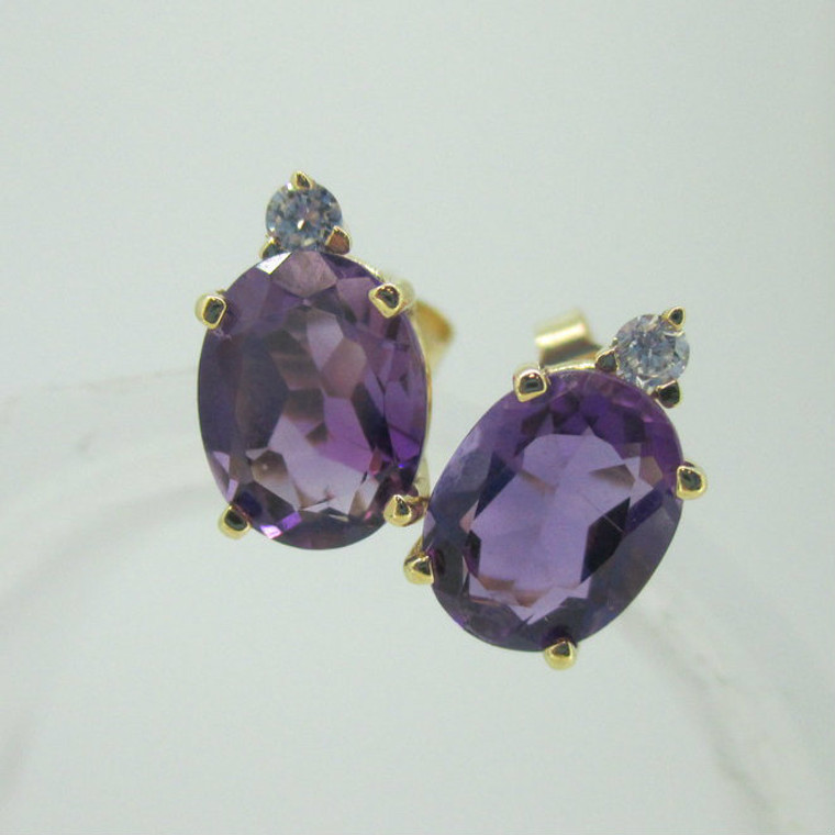 14K Yellow Gold Amethyst & Diamond Accent Oval Stud Earrings 