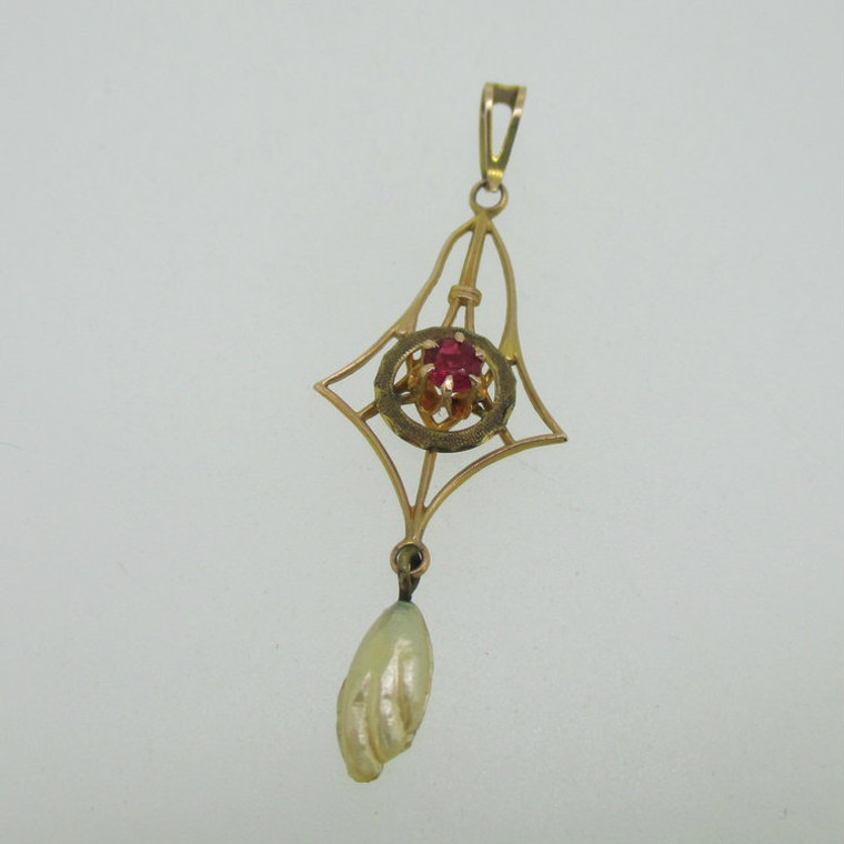 Vintage 10K Yellow Gold Lavalier Pendant with Faux Pearl and Pink Stone 