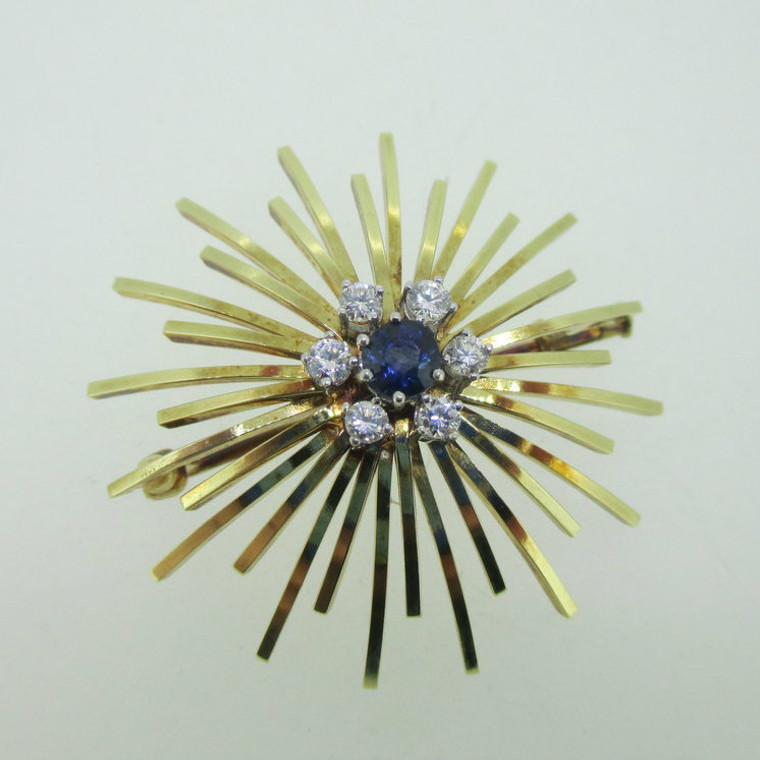 14K Yellow Gold Pin Brooch with Sapphire Center & Diamond Accents