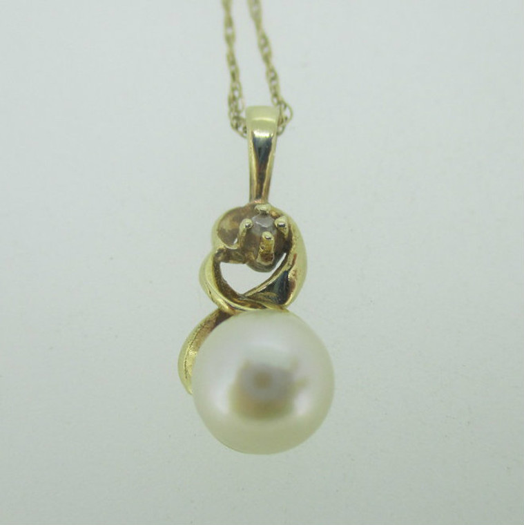14K Yellow Gold Single Pearl Necklace with Diamond Accent