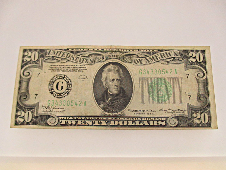 1934 A Series Chicago Federal Reserve 20 Dollar Mule Note 601005