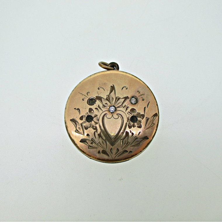 Gold Filled Circle Photo Locket with Flower Etching and Design