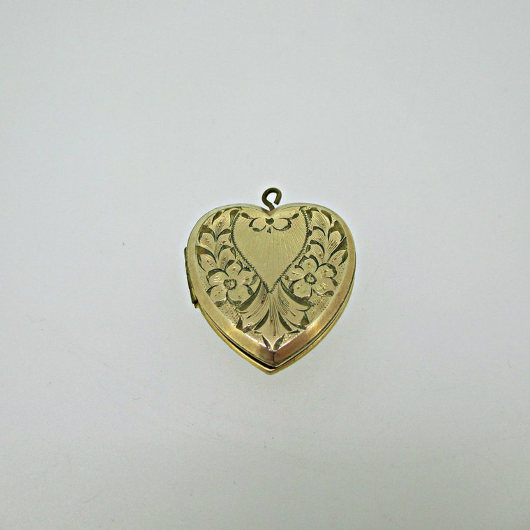 Gold Filled Gold Toned Heart Photo Locket with Flowers and Collar Etching