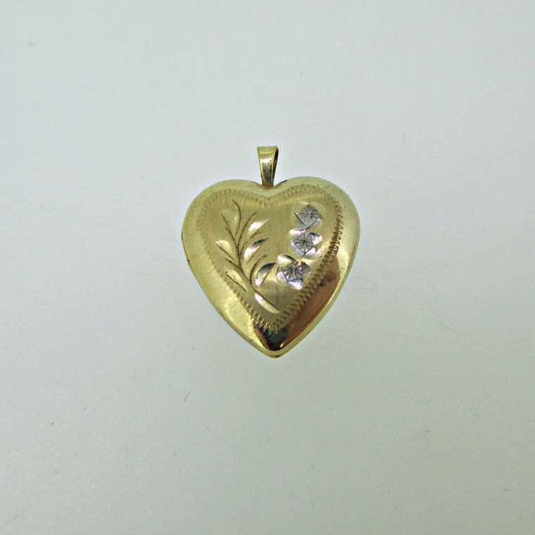 Gold Filled Gold Toned Heart Photo Locket Three Flowers with Grass Etching